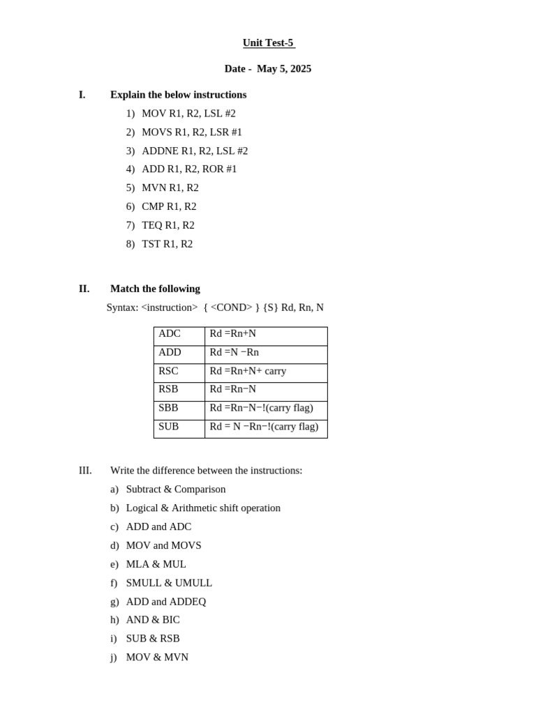 Unit Test-5 Date - May 5, 2025 I. Explain The Below Instructions | PDF