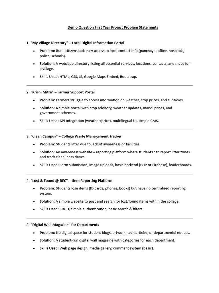 First Year Project Problem Statements | PDF