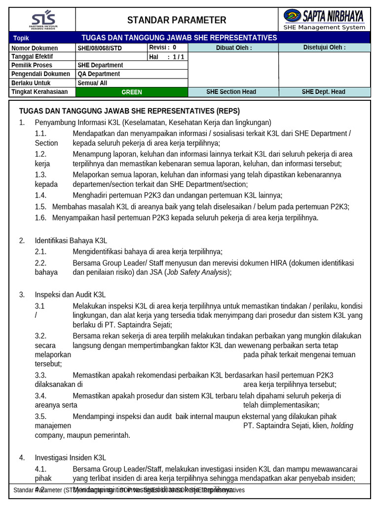 SHE 08 068 STD R0 Tugas Dan Tanggung Jawab SHE Reps | PDF