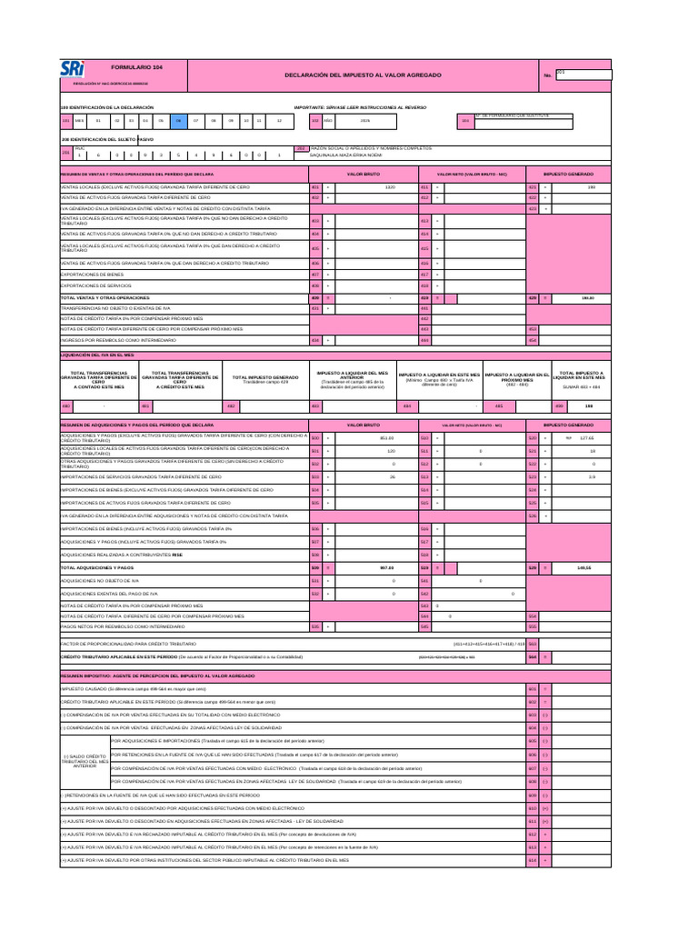 Declaración IVA Formulario 104 2025 | PDF | Impuesto al valor agregado ...
