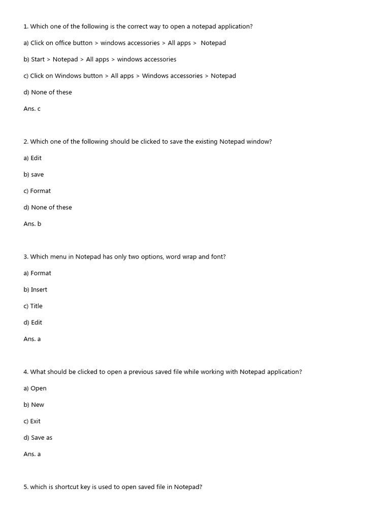 Notepad MCQ Questions and Answers | PDF | Keyboard Shortcut | System ...
