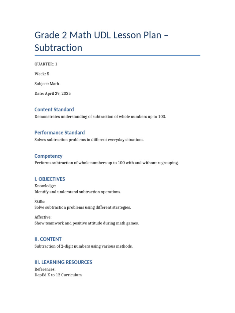 Grade 2 UDL Subtraction Lesson Plan | PDF