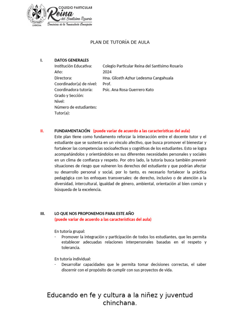 PLAN DE TUTORÍA DE AULA 2024 ok | PDF | Salón de clases | Maestros