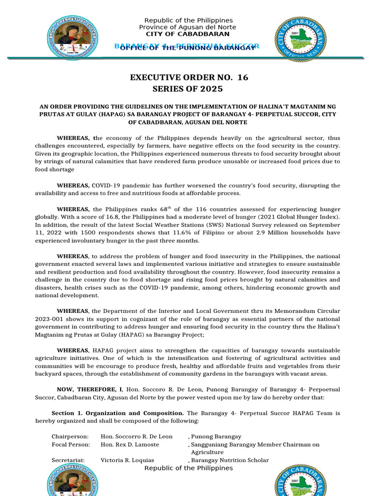 EO-HAPAG-for-Barangay 4 - Perpetual Succor | PDF | Food Security | Hunger
