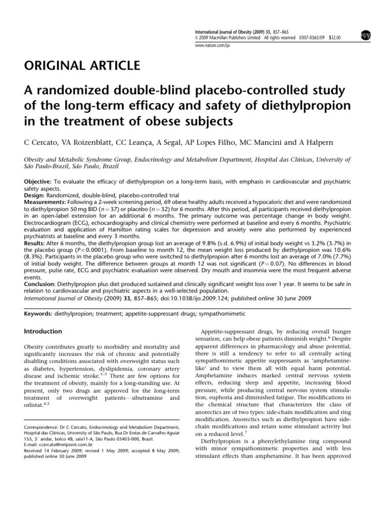 Diethylpropion Efficacy in Obesity Treatment | PDF | Obesity | Placebo ...