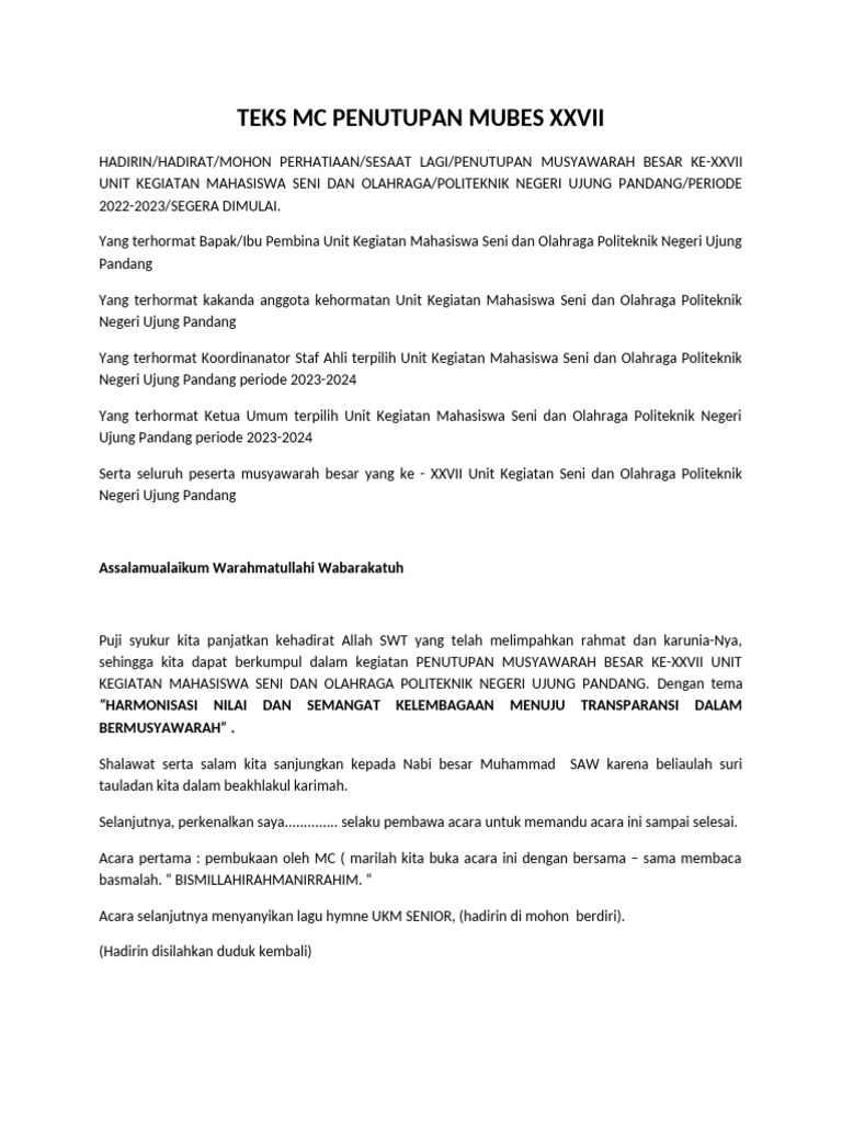 Teks MC Penutupan Mubes Xxvii | PDF