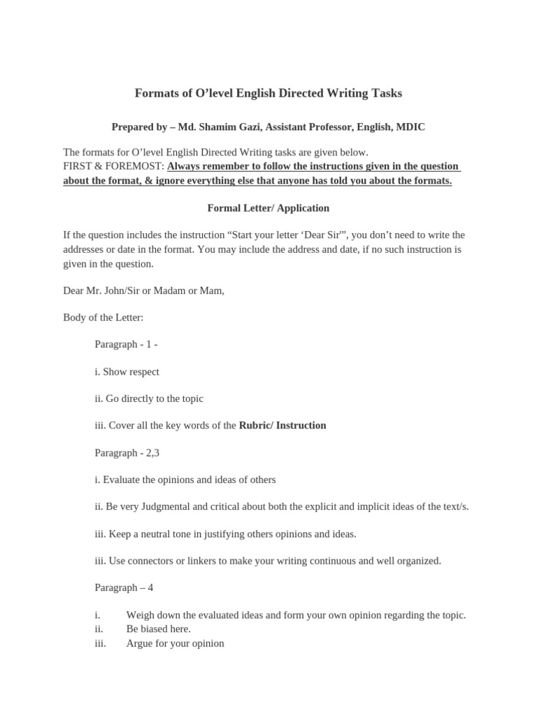 O'Level English Directed Writing Formats | PDF