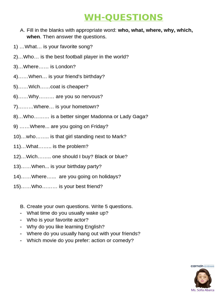 WH-Questions Practice for Kwizzbit App | PDF