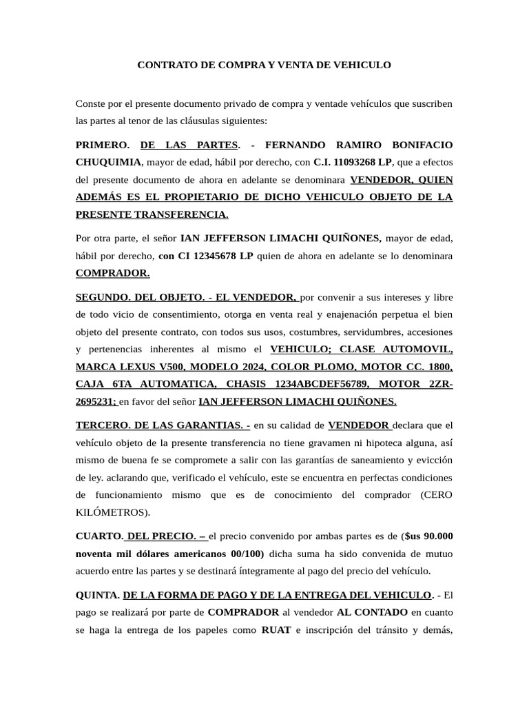 Contrato de Compra Venta Vehículo Lexus | PDF