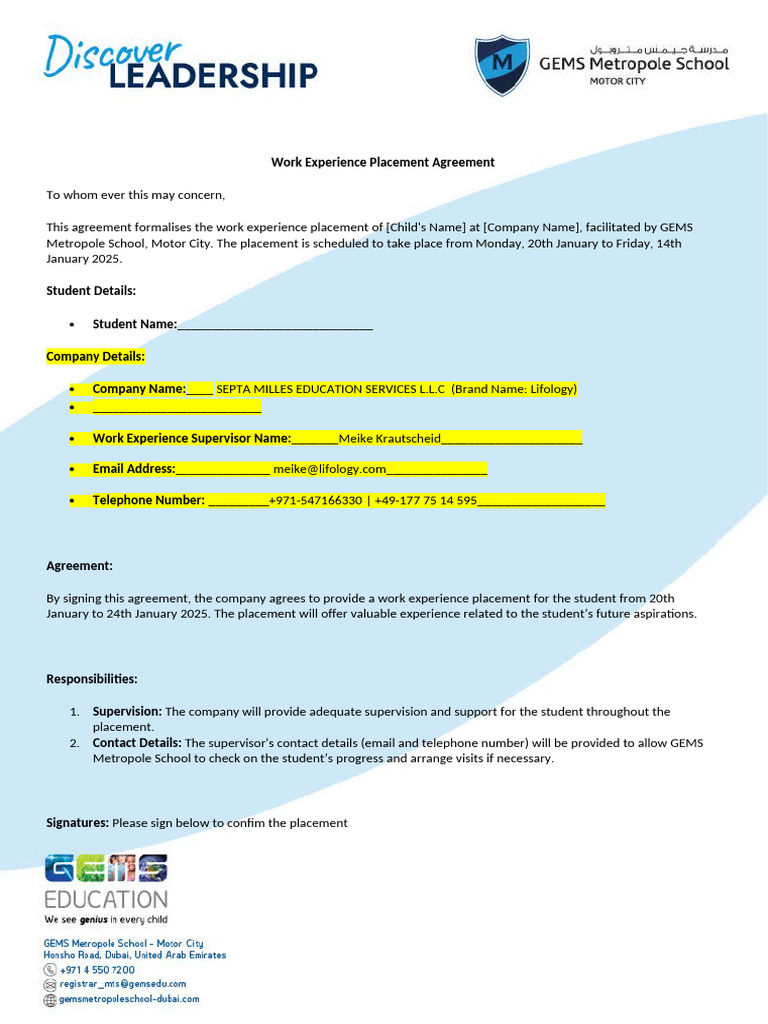 Work Experience Placement Agreement | PDF