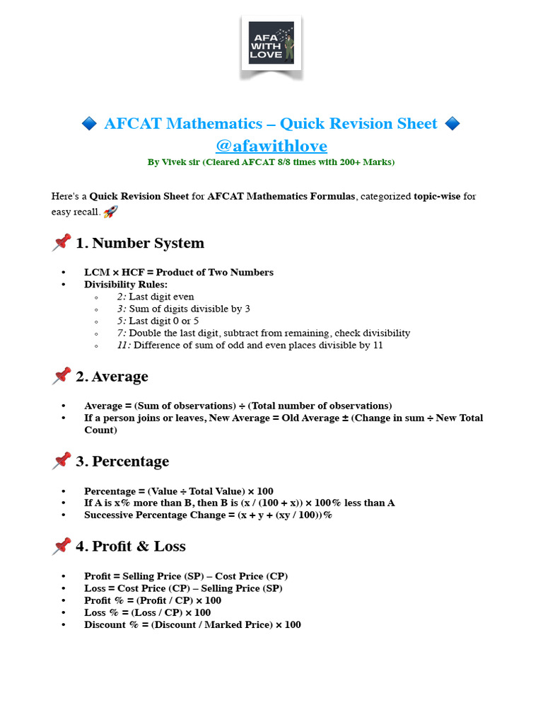 AFCAT Math Formulas Quick Guide | PDF | Area | Sphere