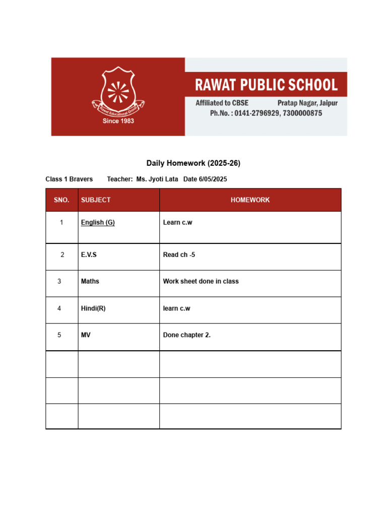 Daily Homework Class 1 Bravers-3 | PDF
