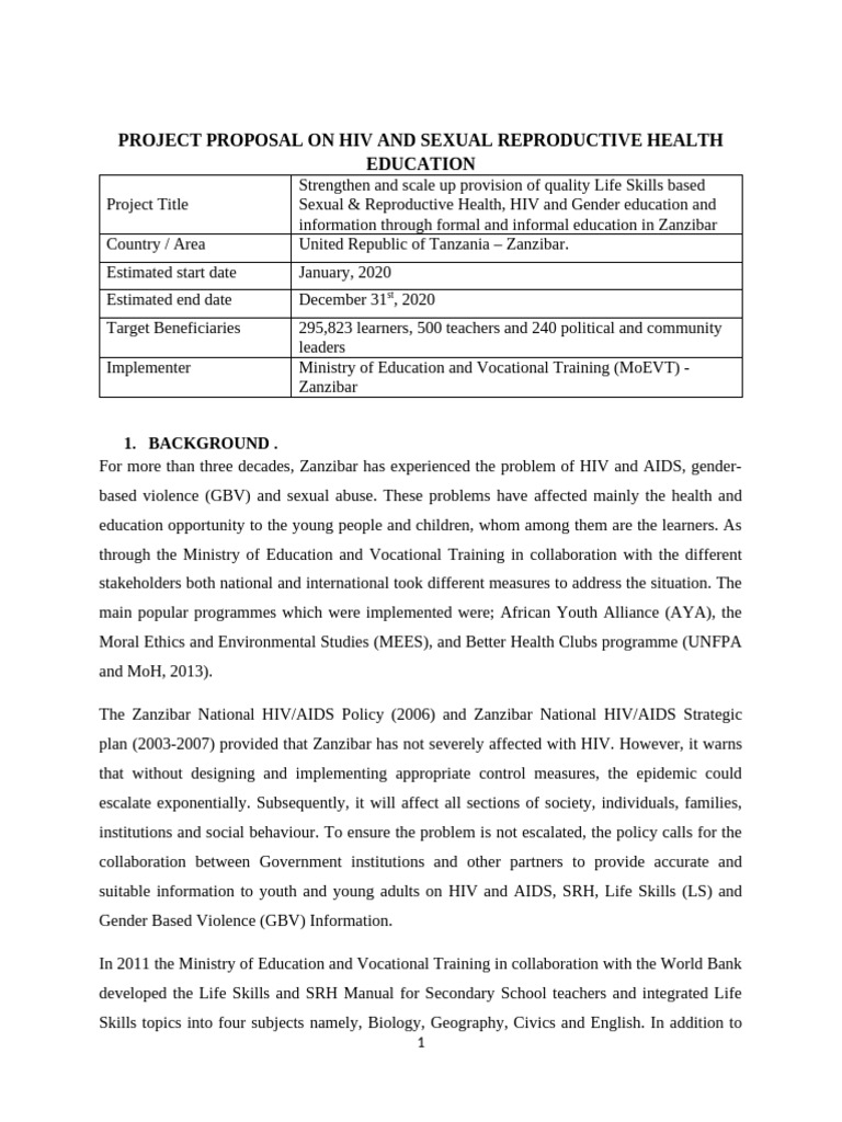 Project Proposal On Hiv and Sexual Reproductive Health | PDF | Violence ...