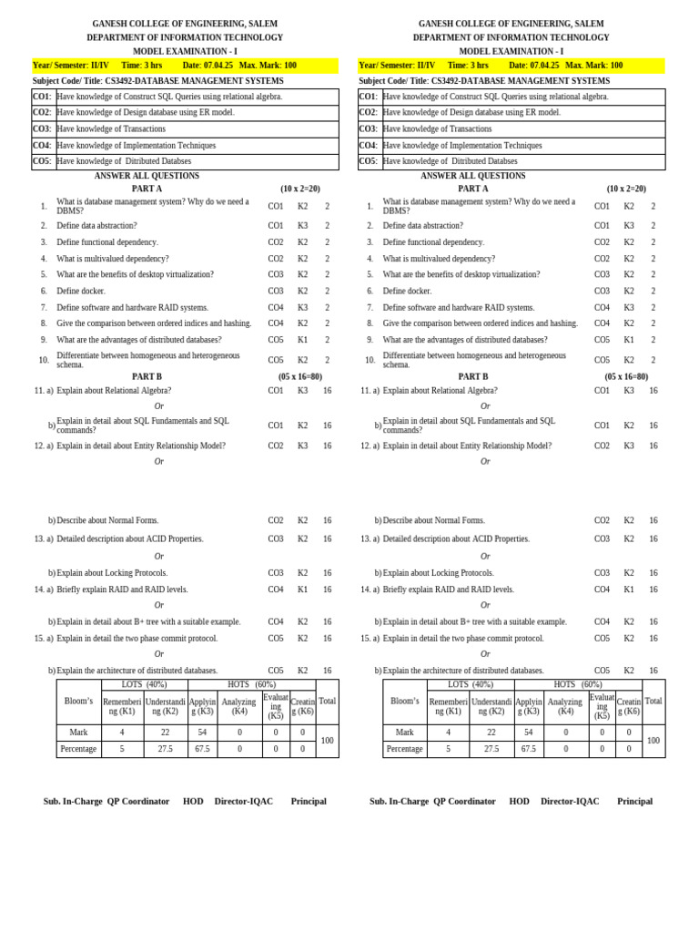 Dbms Model QP | PDF | Databases | No Sql