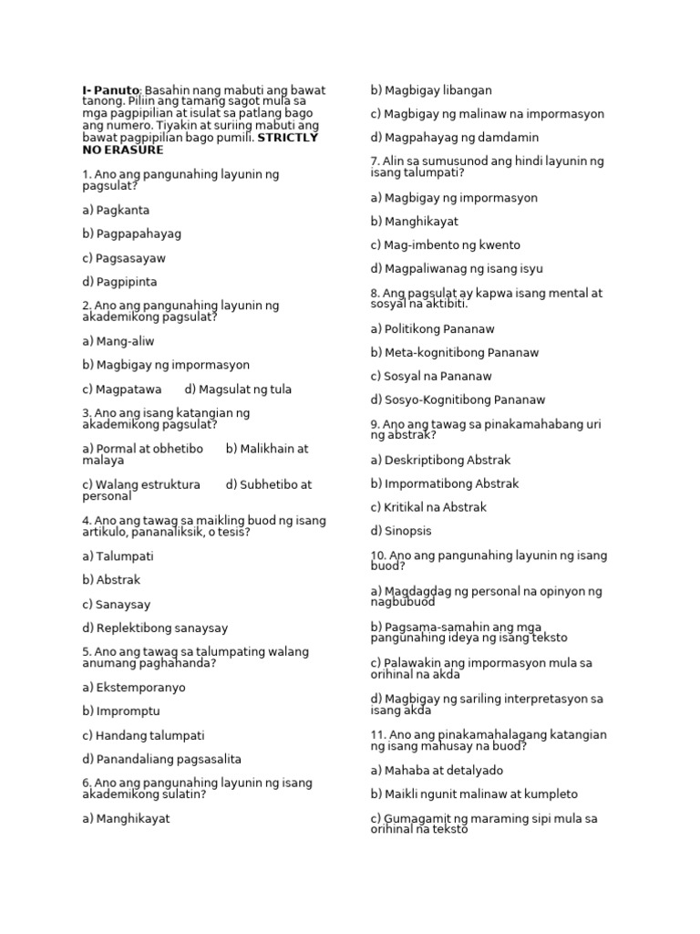 Filipino Exam SHS Stem4 12 | PDF