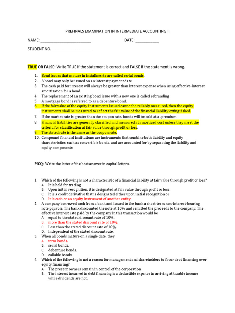 Intermediate Accounting II Prefinals Exam | PDF | Bonds (Finance ...