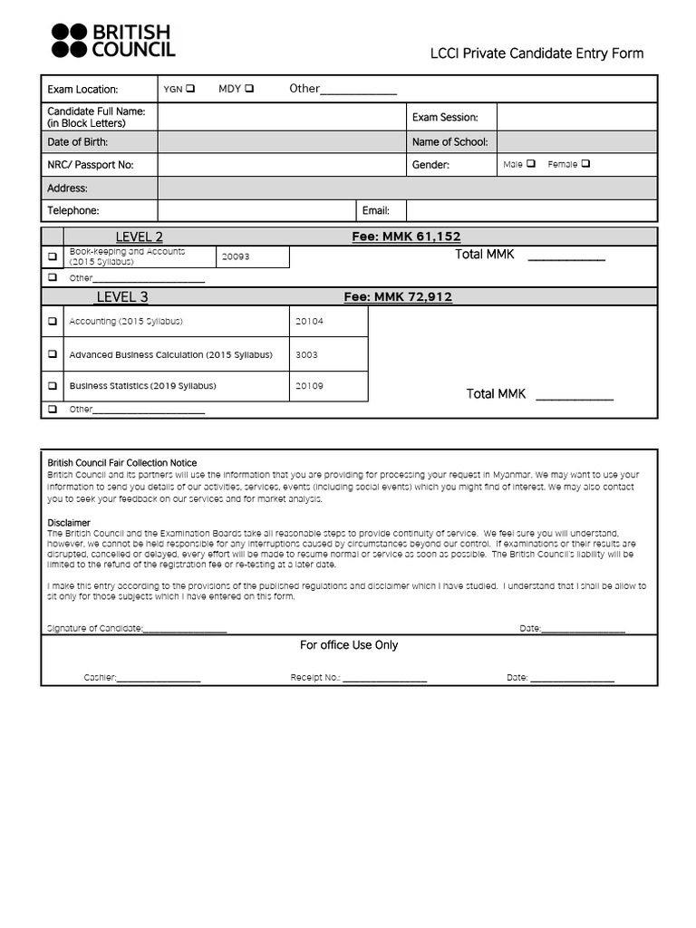LCCI Private Candidate Registration Form | PDF