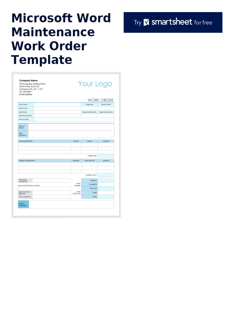 Ic Maintenance Work Order Template 8963 Word | PDF