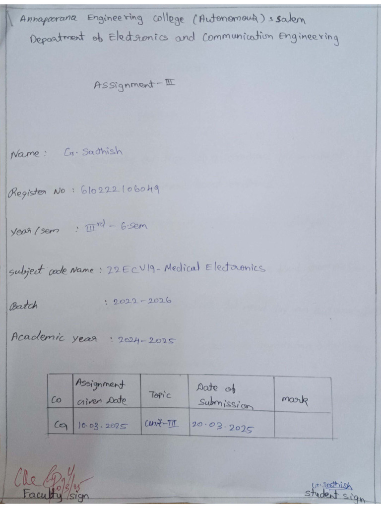 Medical Electronics Assignment 3 | PDF