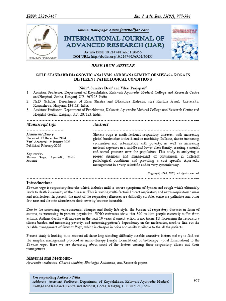 Standard Diagnostic for Shwasa Roga | PDF | Respiratory System ...