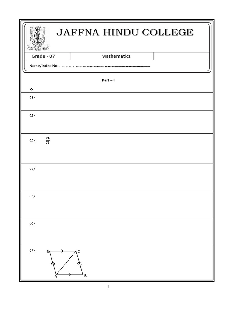G07 Math 2023 1st Jaffa Hindu College | PDF | Mathematics