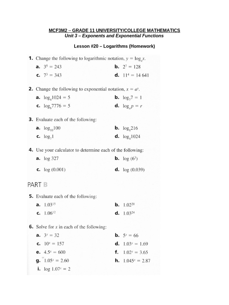 Lesson 20 - Logarithms - Homework | PDF