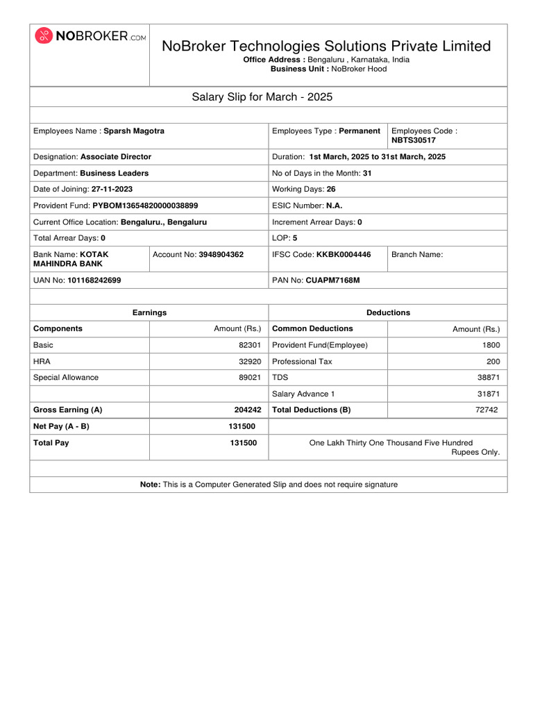 March 2025 Salary Slip for Sparsh Magotra | PDF | Taxes | Government ...