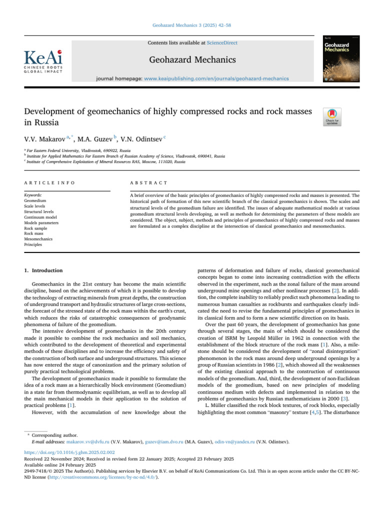 Development of geomechanics of highly compressed rocks and rock masses ...