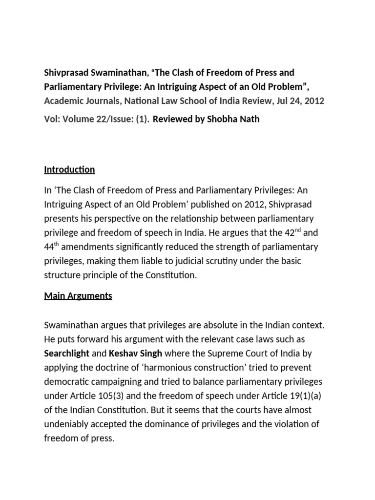 Press Freedom vs. Parliamentary Privilege | PDF | Statutory Law ...