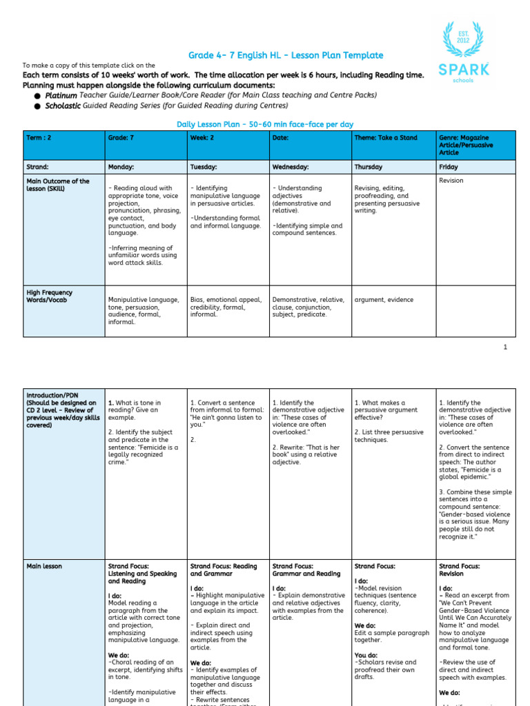 7th Grade English Lesson Plan Term 2 | PDF | Violence | English Language