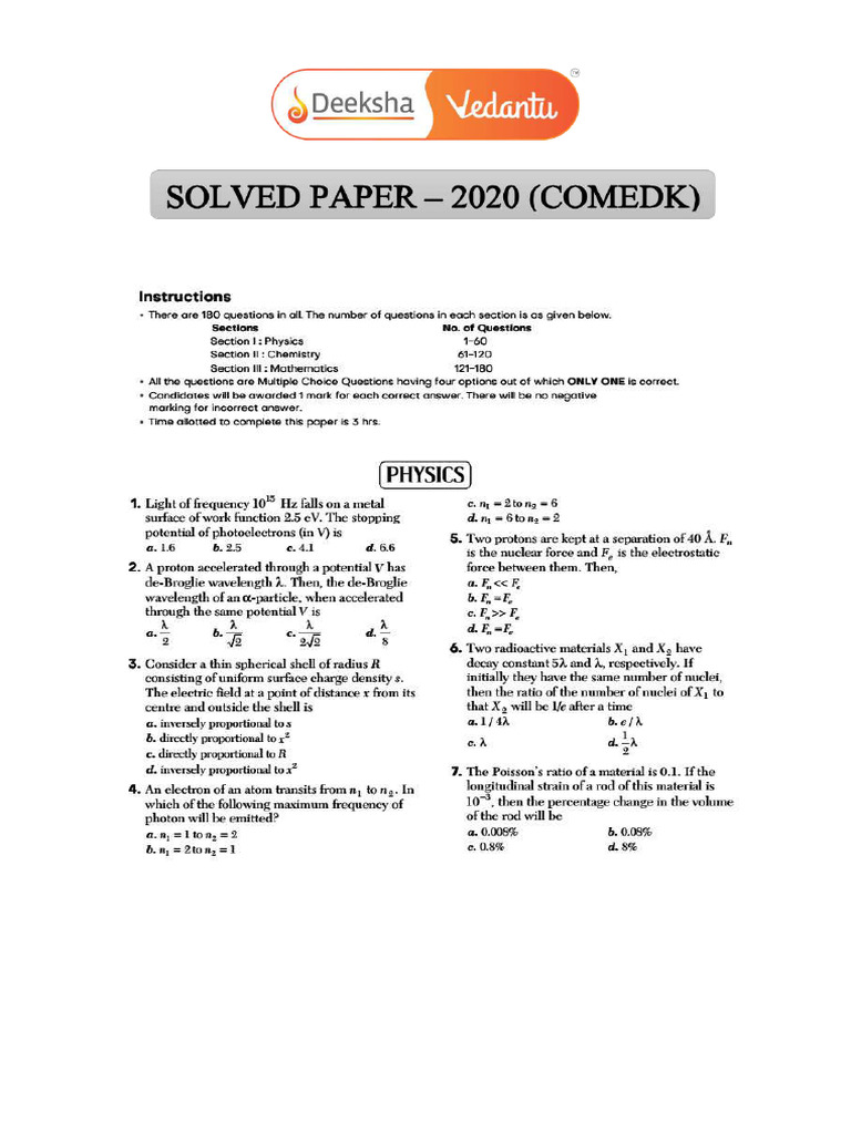 Deeksha Vedantu COMEDK QP With Solutions 2020 | PDF