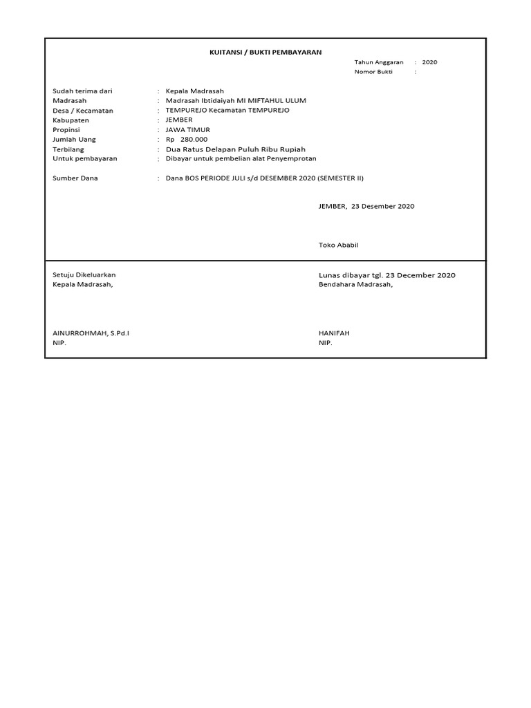 Dua Ratus Delapan Puluh Ribu Rupiah: Kuitansi / Bukti Pembayaran | PDF