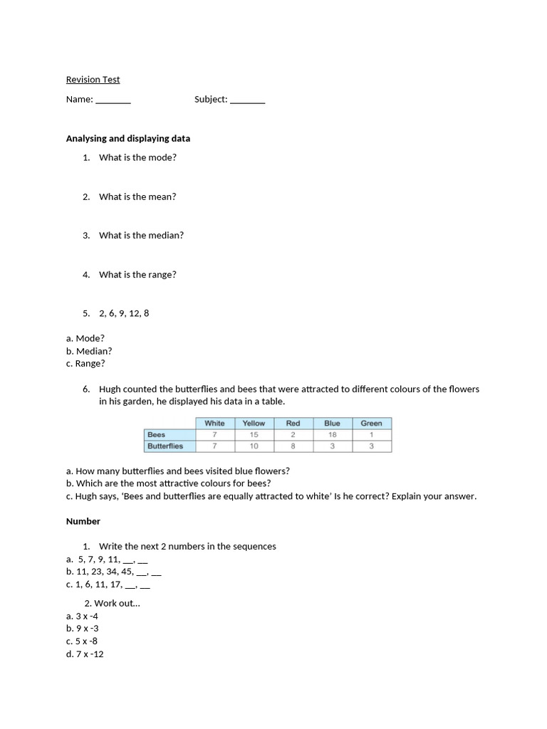 Data Analysis and Math Concepts Test | PDF