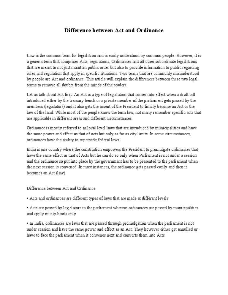 Difference Between Act and Ordinance Public Law Government