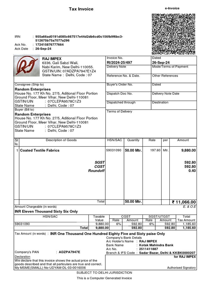 Tax Invoice for RAJ IMPEX - 2024 | PDF | Economies | Public Finance