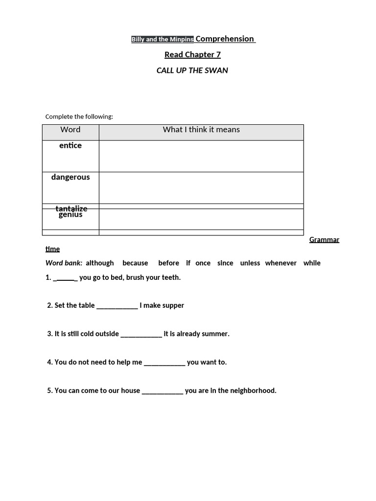 Billy and The Minpins Chapter 7 Homework | PDF