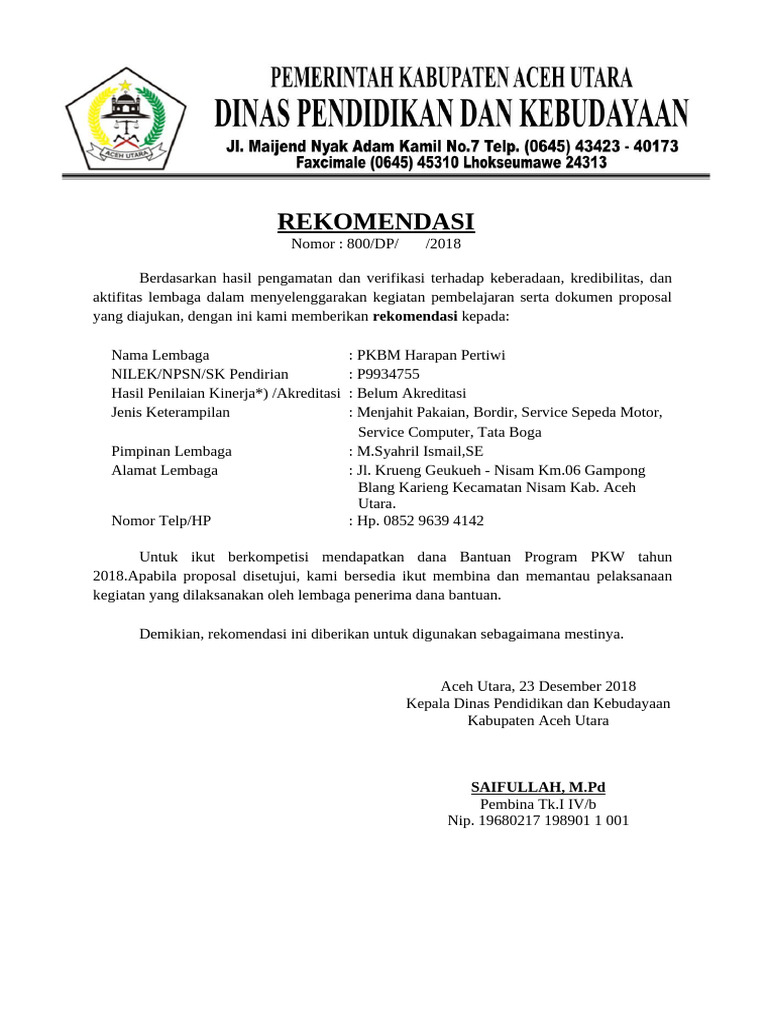 Surat Rekomendasi Dinas Pendidikan | PDF