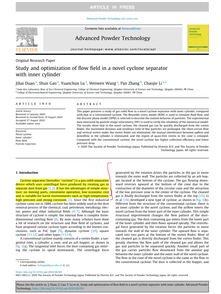 J. 2020. Study and Optimization of Flow Field in A Novel Cyclone ...