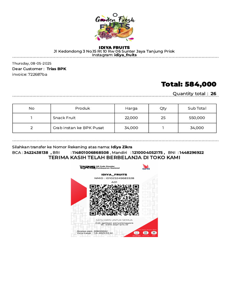 Idiya Fruits Invoice for Snack Order | PDF