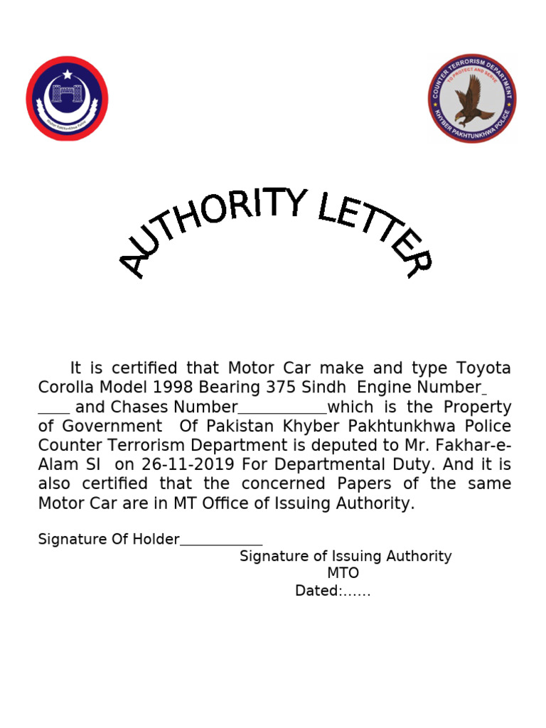 Authority Letter Motor Car | PDF