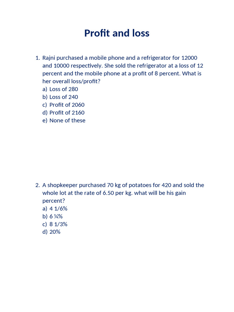 Profit and Loss 30 Questions Csat | PDF | Prices | Percentage