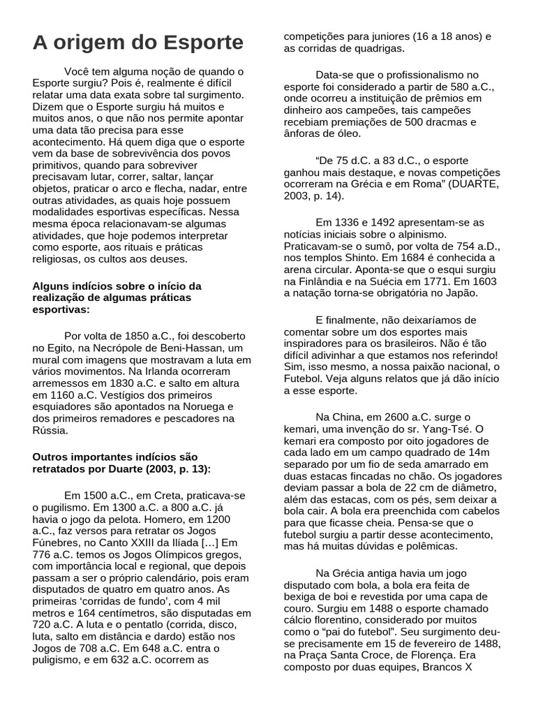 A Origem do Esporte e sua Evolução | PDF | Futebol | Brasil
