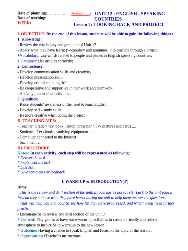 Unit 12 English Speaking Lesson Plan | PDF | English Language | Vocabulary