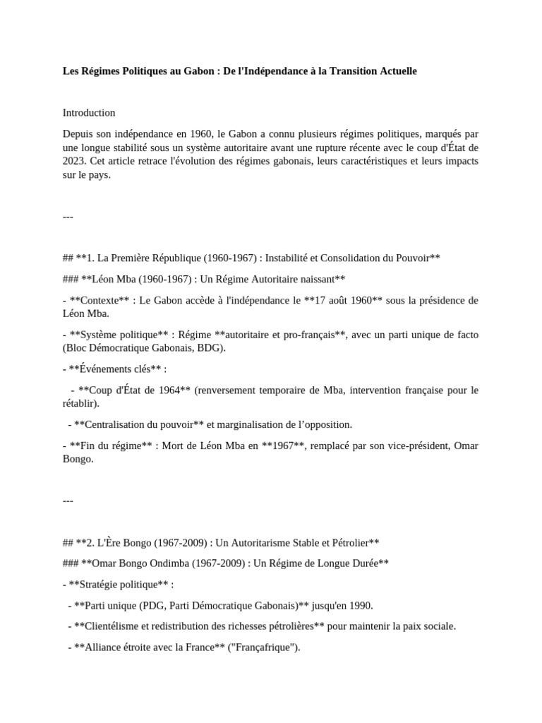 Évolution des Régimes au Gabon (1960-2023) | PDF | Gouvernement ...