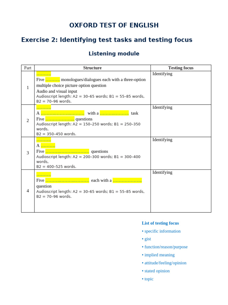 (2.1) W7_OTE_Listening Module_Test tasks and testing focus_Up Teams | PDF