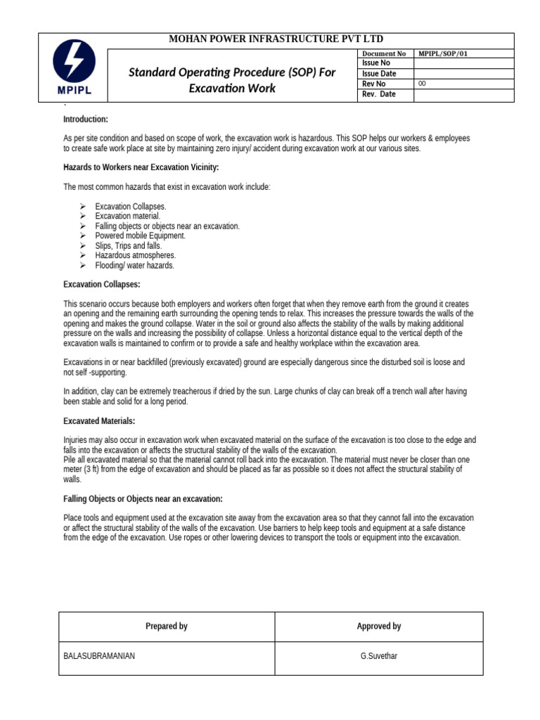 MPIPL-SOP-01 - Standard Operating Procedure SOP For Excavation Work ...