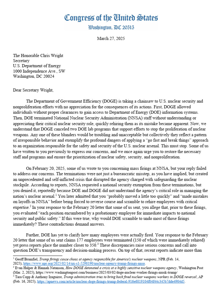 Letter On Nnsa Firings and Suspensions | PDF | Nuclear Proliferation ...