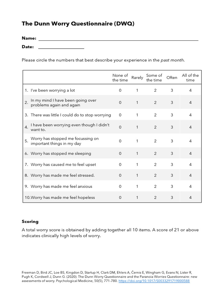 Dunn Worry Questionnaire Overview | PDF