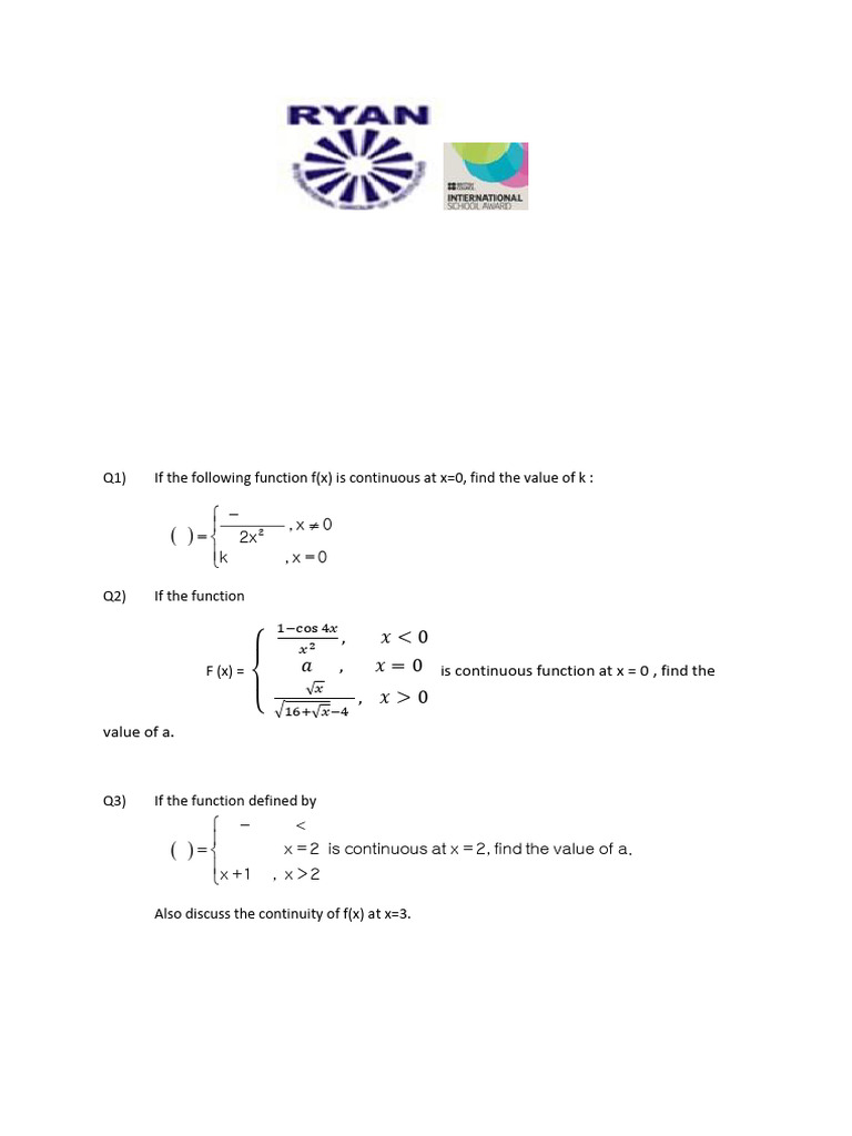 Continuity Problems for 12th Grade Maths | PDF