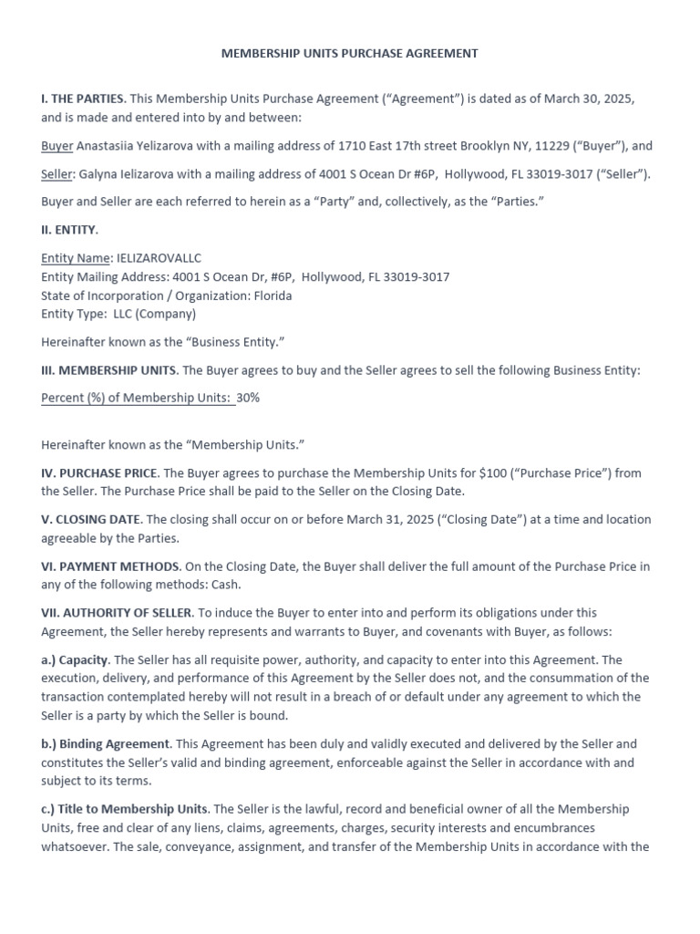 Membership Units Purchase Agreement 30% | PDF | Security Interest ...